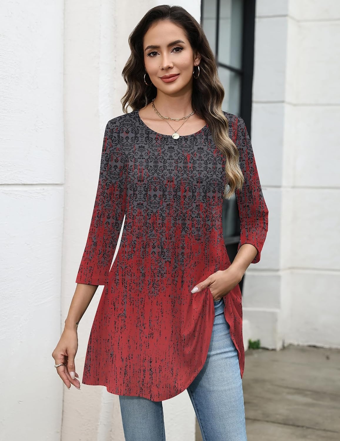 image:imageZeagoo Women Tops 34 Sleeve Dressy Casual Plus Size Tunics Loose BlousesBlack Redmz838