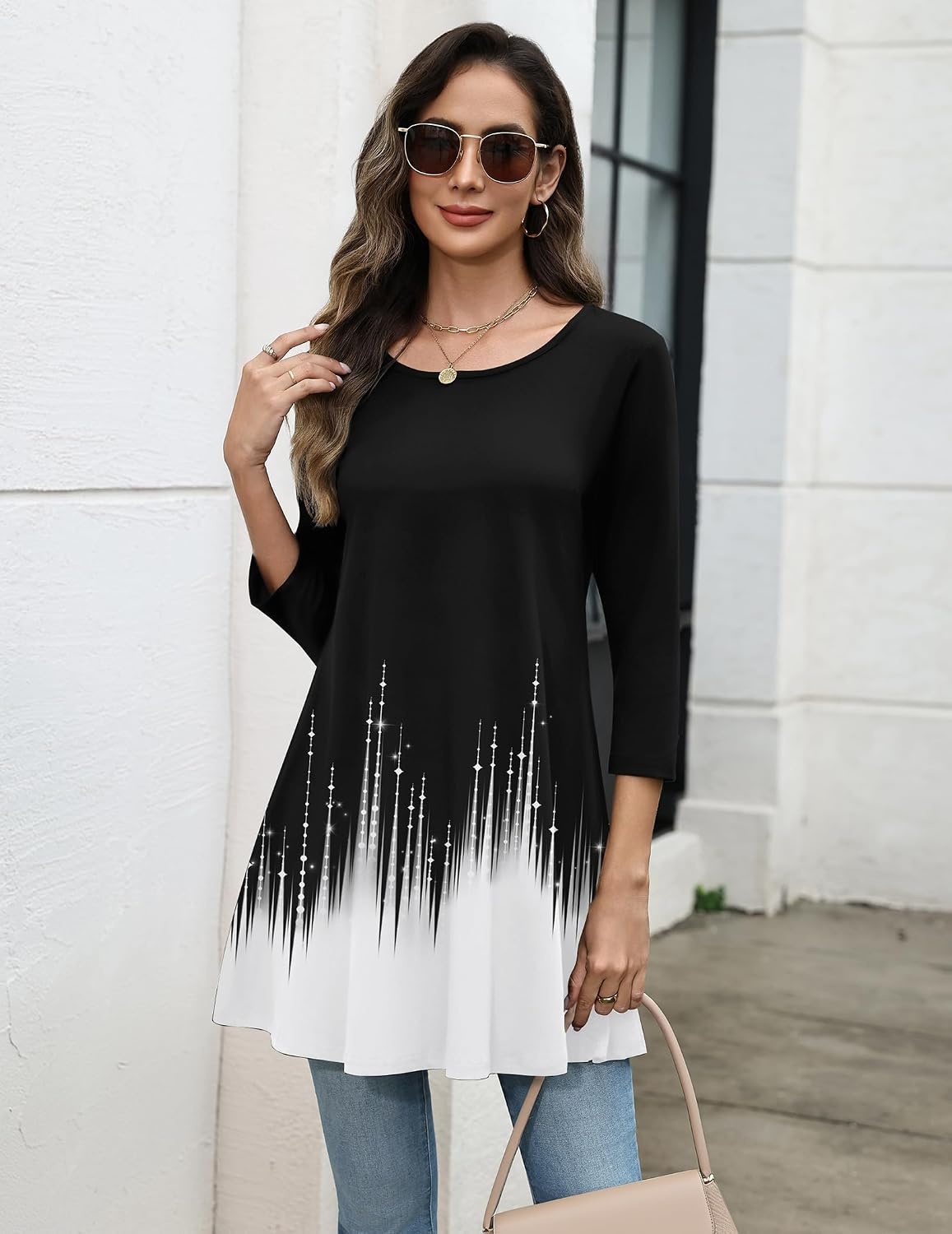 image:imageZeagoo Women Tops 34 Sleeve Dressy Casual Plus Size Tunics Loose BlousesBlack Whitejb223