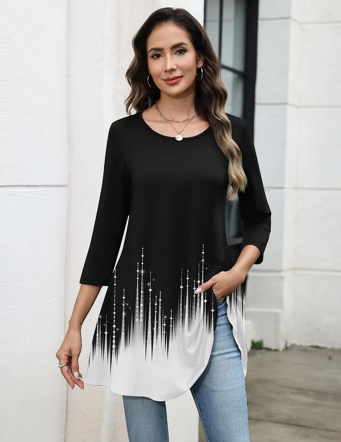 image:imageZeagoo Women Tops 34 Sleeve Dressy Casual Plus Size Tunics Loose BlousesBlack Whitejb223
