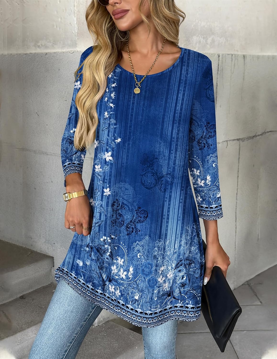 image:imageZeagoo Women Tops 34 Sleeve Dressy Casual Plus Size Tunics Loose BlousesBlue Flowermz845