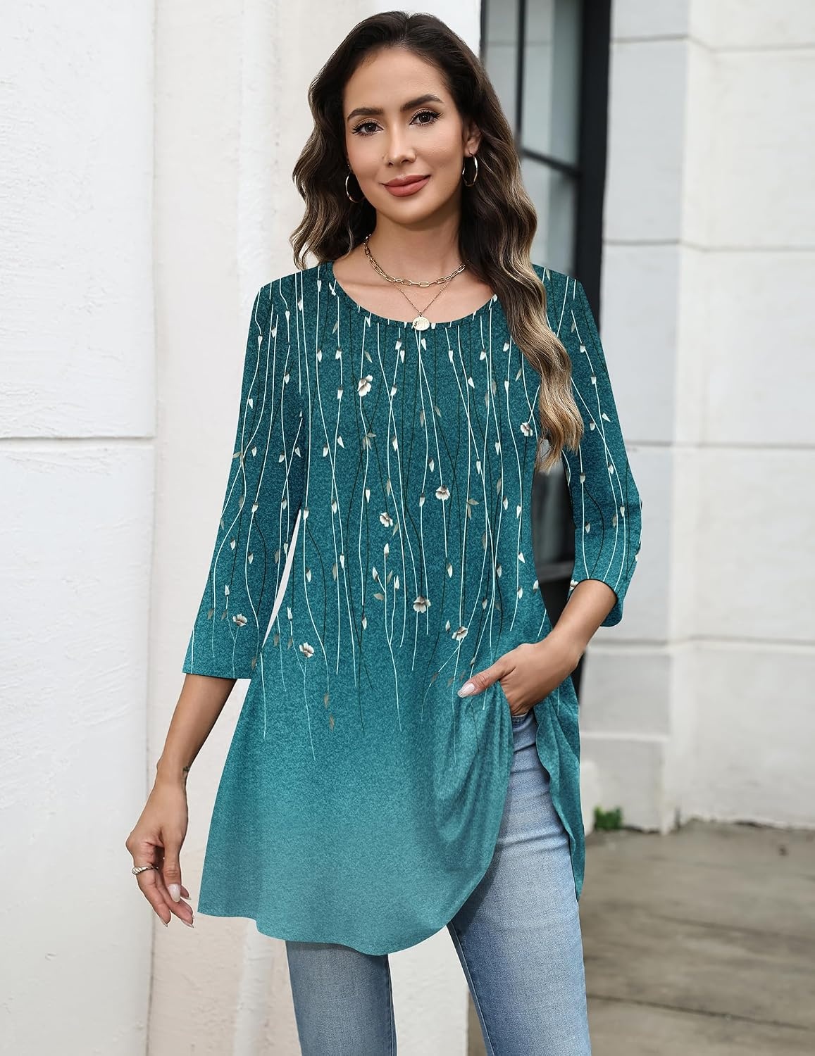 image:imageZeagoo Women Tops 34 Sleeve Dressy Casual Plus Size Tunics Loose BlousesBlue Leavesxh363