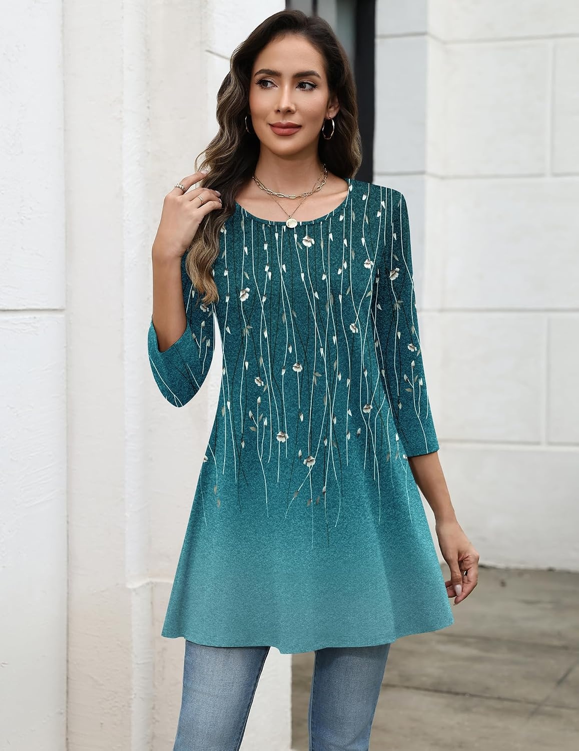 image:imageZeagoo Women Tops 34 Sleeve Dressy Casual Plus Size Tunics Loose BlousesBlue Leavesxh363