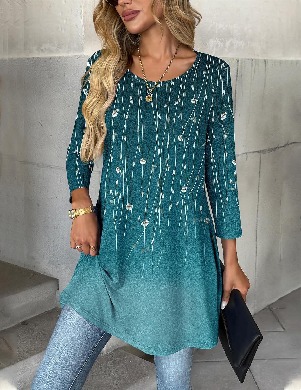 image:imageZeagoo Women Tops 34 Sleeve Dressy Casual Plus Size Tunics Loose BlousesBlue Leavesxh363