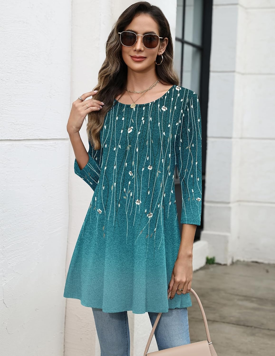 image:imageZeagoo Women Tops 34 Sleeve Dressy Casual Plus Size Tunics Loose BlousesBlue Leavesxh363