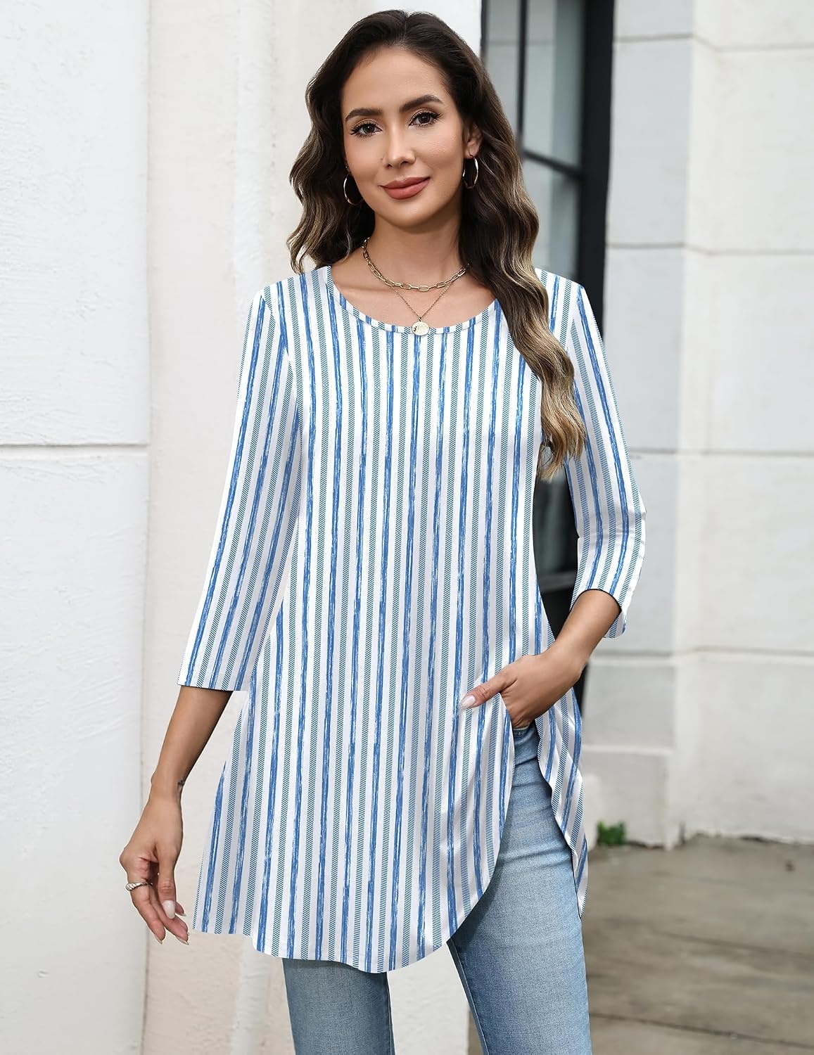 image:imageZeagoo Women Tops 34 Sleeve Dressy Casual Plus Size Tunics Loose BlousesBlue Stripestz591