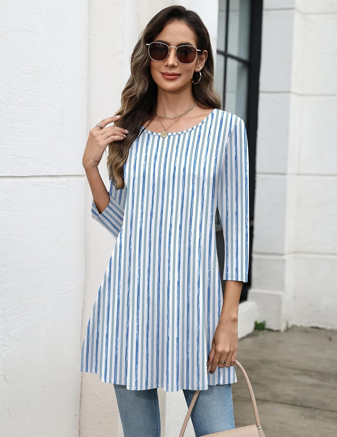 image:imageZeagoo Women Tops 34 Sleeve Dressy Casual Plus Size Tunics Loose BlousesBlue Stripestz591