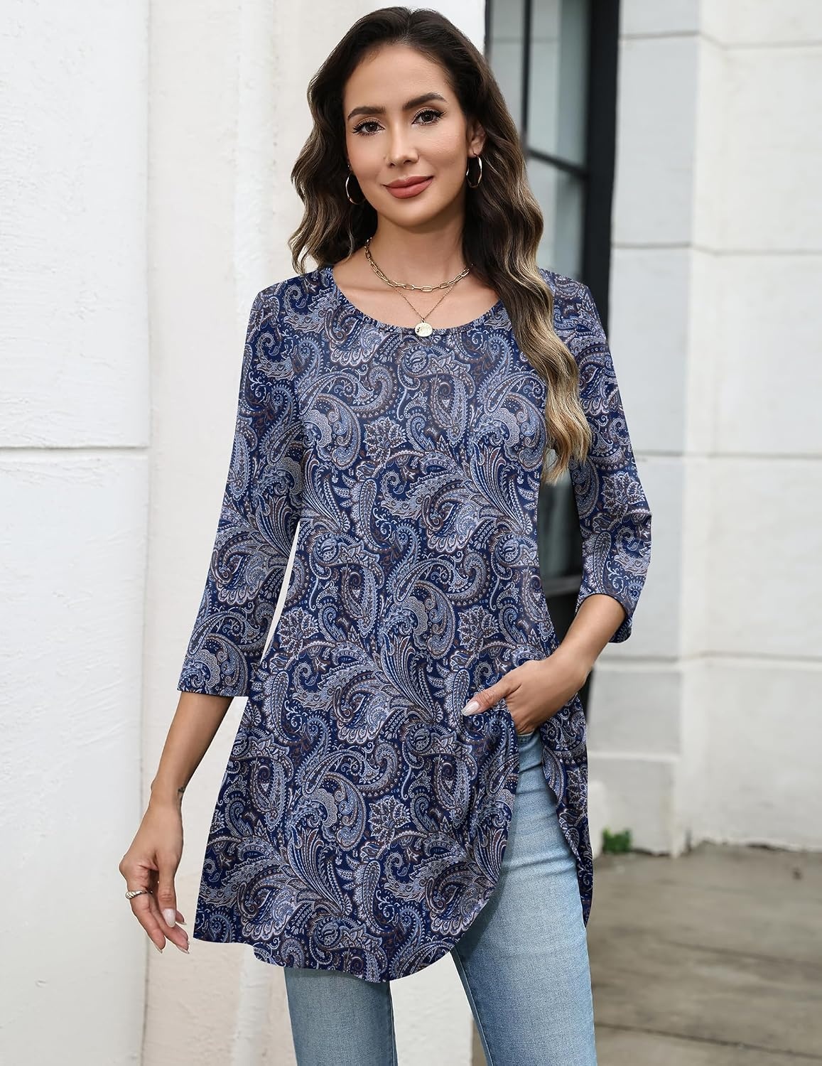 image:imageZeagoo Women Tops 34 Sleeve Dressy Casual Plus Size Tunics Loose BlousesBohemiamz473