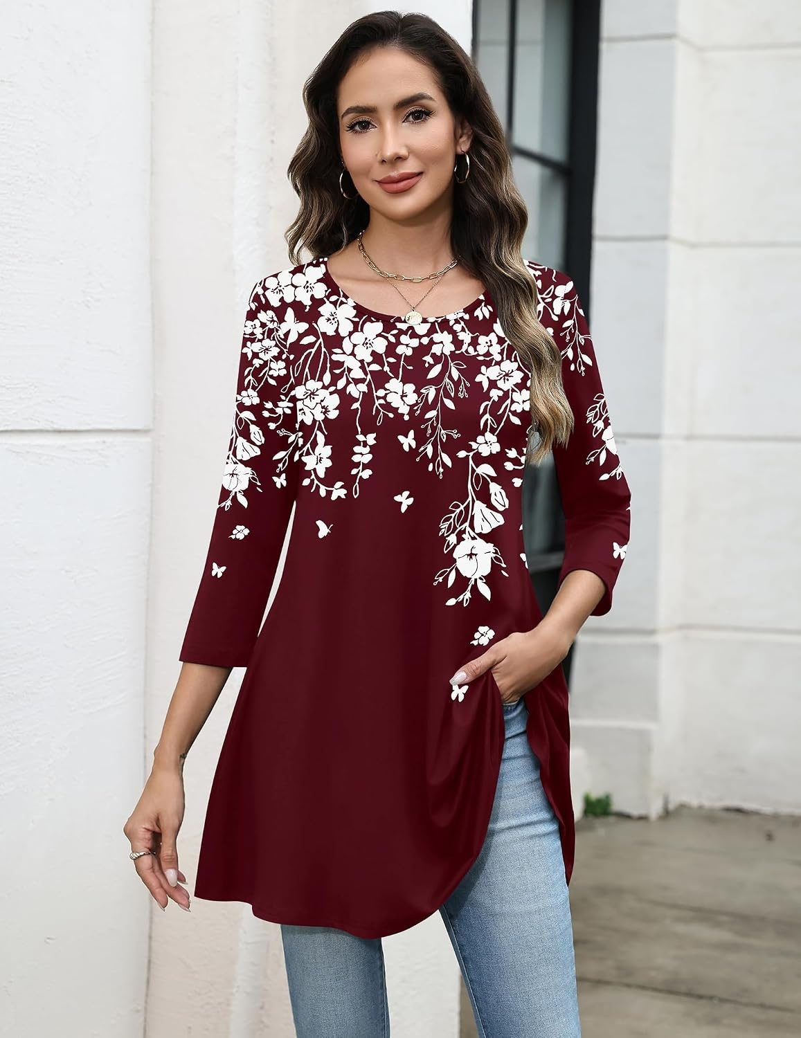 image:imageZeagoo Women Tops 34 Sleeve Dressy Casual Plus Size Tunics Loose BlousesBurgundy Flowersf186