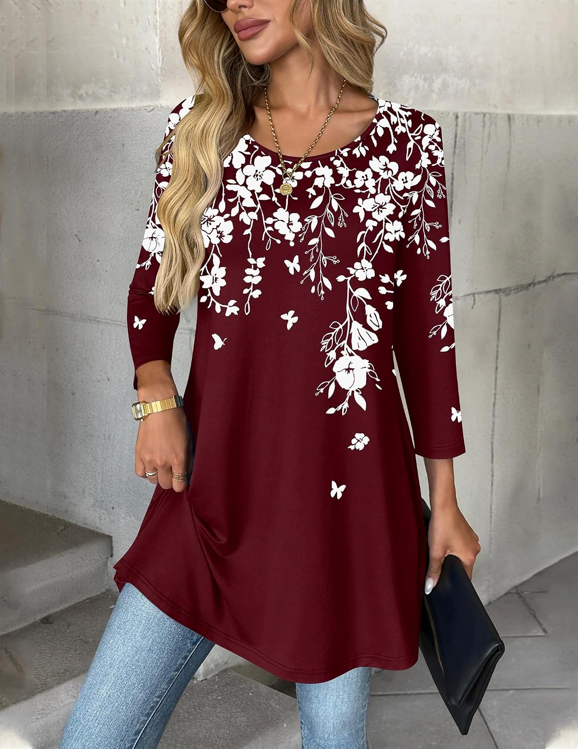 image:imageZeagoo Women Tops 34 Sleeve Dressy Casual Plus Size Tunics Loose BlousesBurgundy Flowersf186