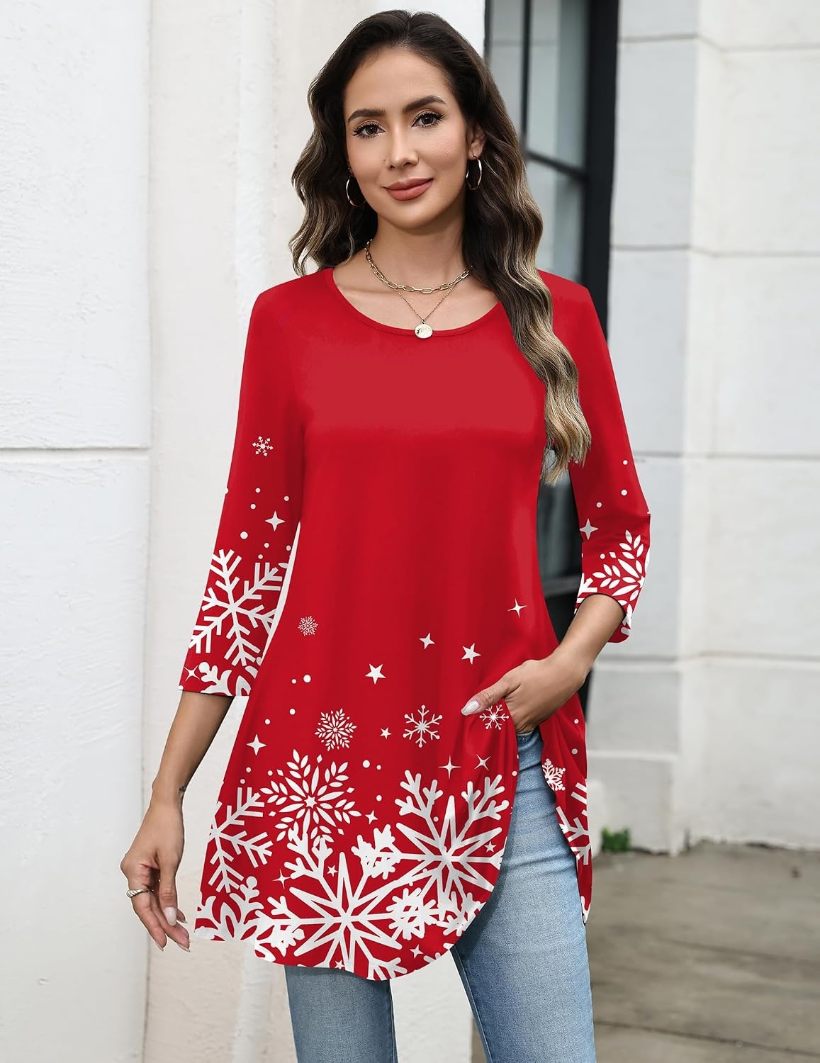 image:imageZeagoo Women Tops 34 Sleeve Dressy Casual Plus Size Tunics Loose BlousesChristmas Redsd507