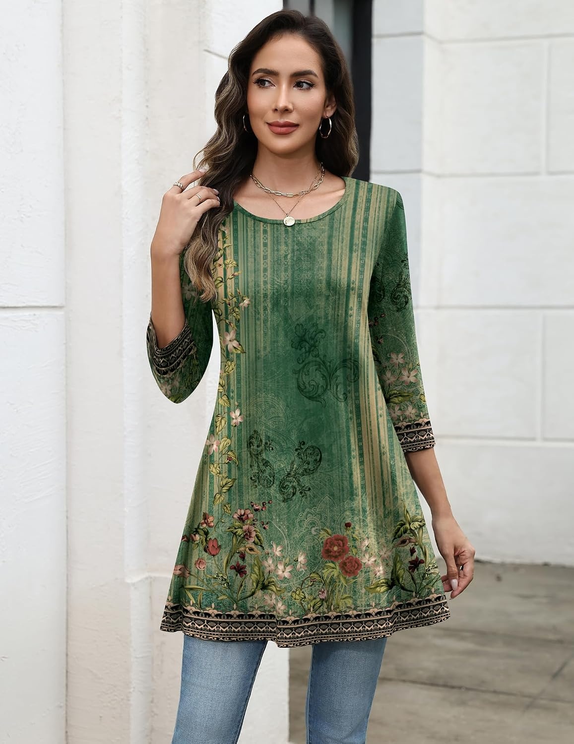 image:imageZeagoo Women Tops 34 Sleeve Dressy Casual Plus Size Tunics Loose BlousesGreen Flowermz839