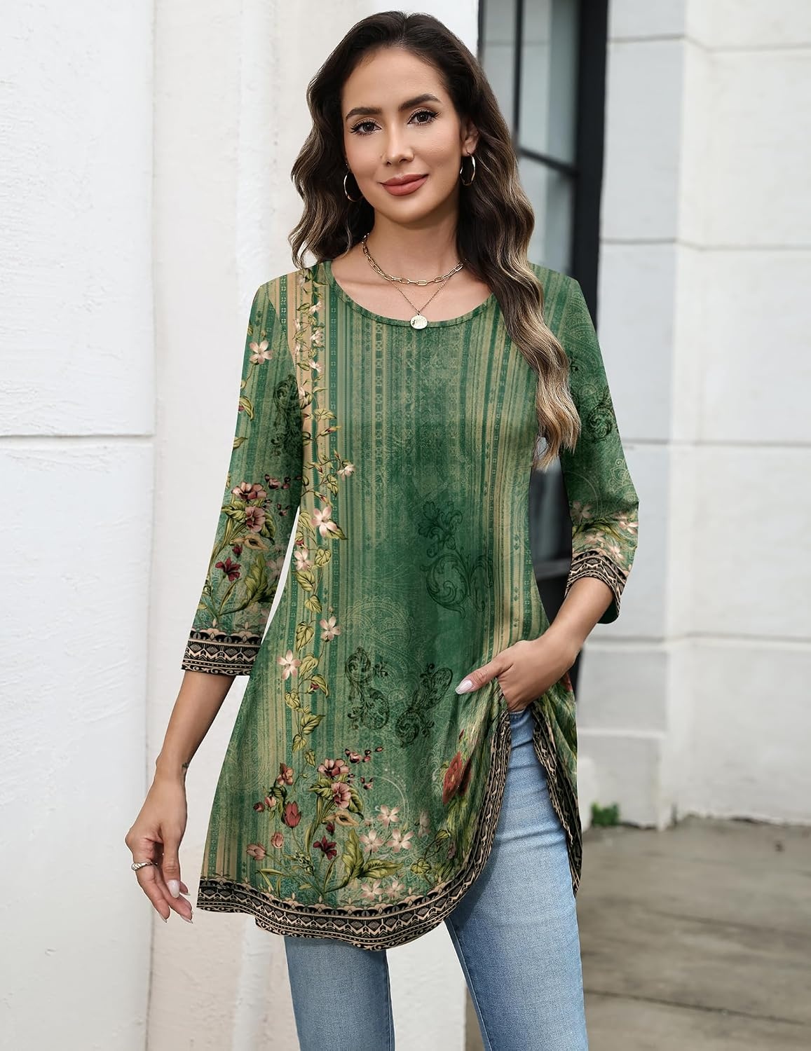image:imageZeagoo Women Tops 34 Sleeve Dressy Casual Plus Size Tunics Loose BlousesGreen Flowermz839