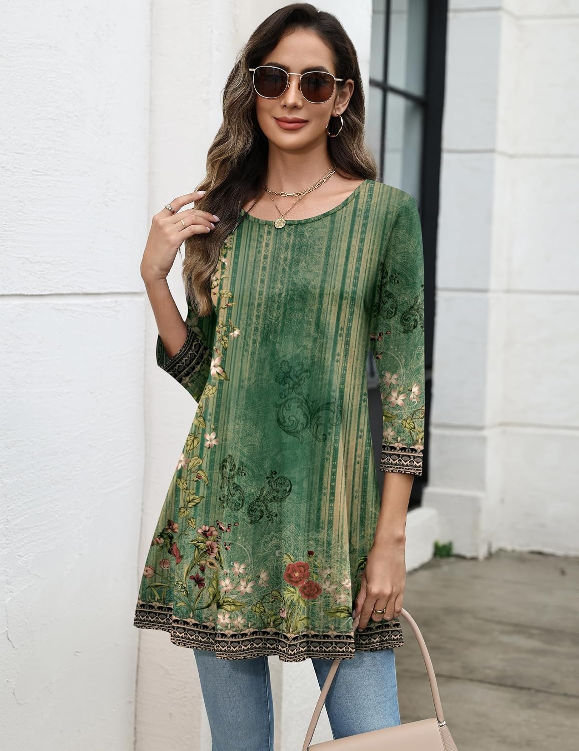 image:imageZeagoo Women Tops 34 Sleeve Dressy Casual Plus Size Tunics Loose BlousesGreen Flowermz839