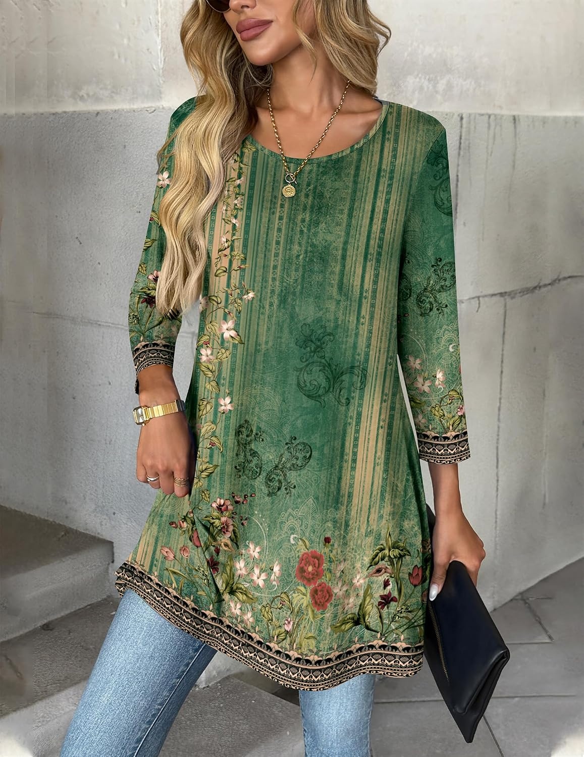 image:imageZeagoo Women Tops 34 Sleeve Dressy Casual Plus Size Tunics Loose BlousesGreen Flowermz839