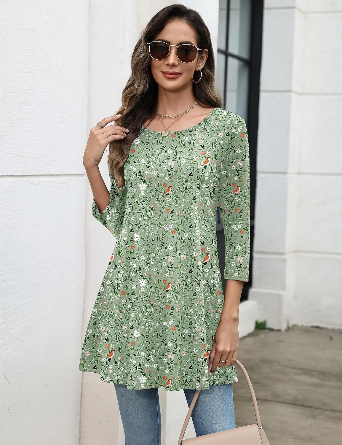 image:imageZeagoo Women Tops 34 Sleeve Dressy Casual Plus Size Tunics Loose BlousesGreen Flowersxh534
