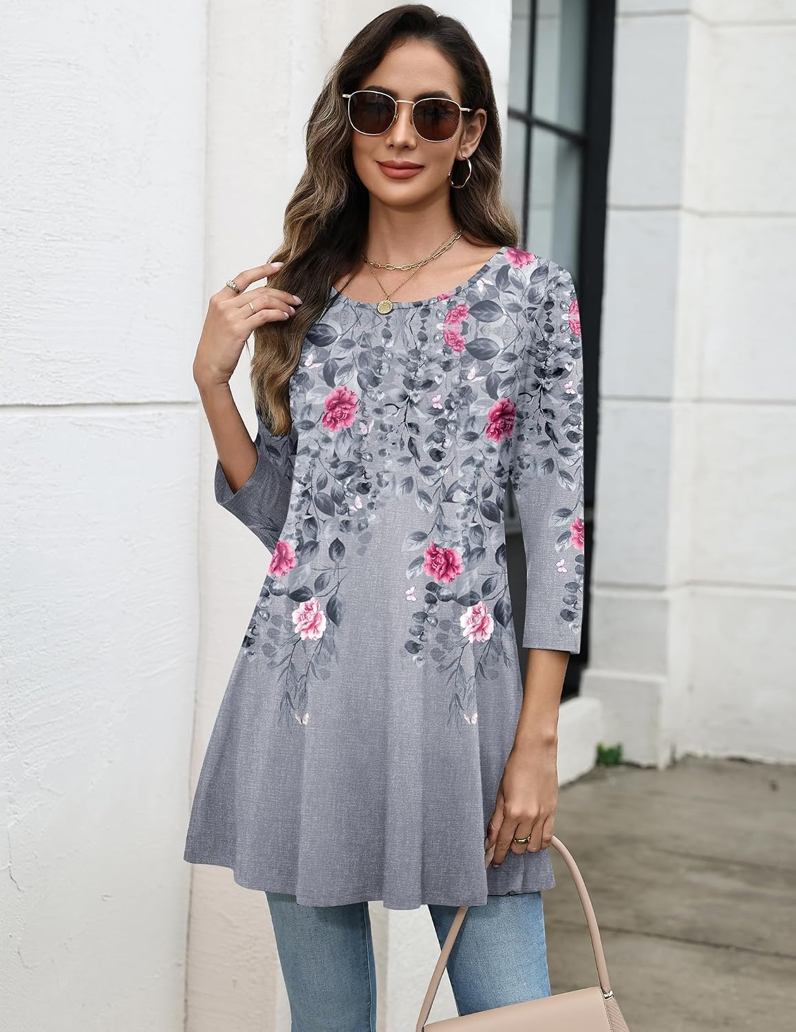 image:imageZeagoo Women Tops 34 Sleeve Dressy Casual Plus Size Tunics Loose BlousesGrey Flowerhf36
