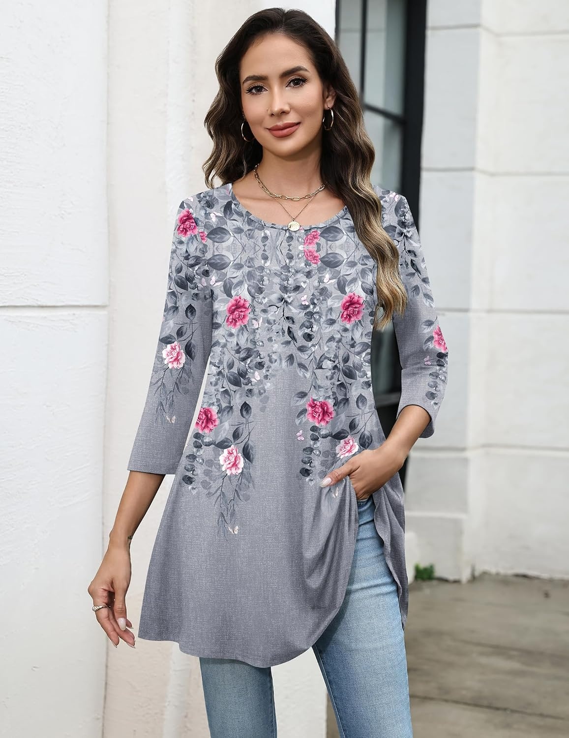 image:imageZeagoo Women Tops 34 Sleeve Dressy Casual Plus Size Tunics Loose BlousesGrey Flowerhf36