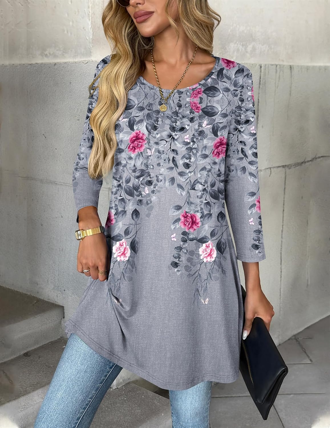 image:imageZeagoo Women Tops 34 Sleeve Dressy Casual Plus Size Tunics Loose BlousesGrey Flowerhf36