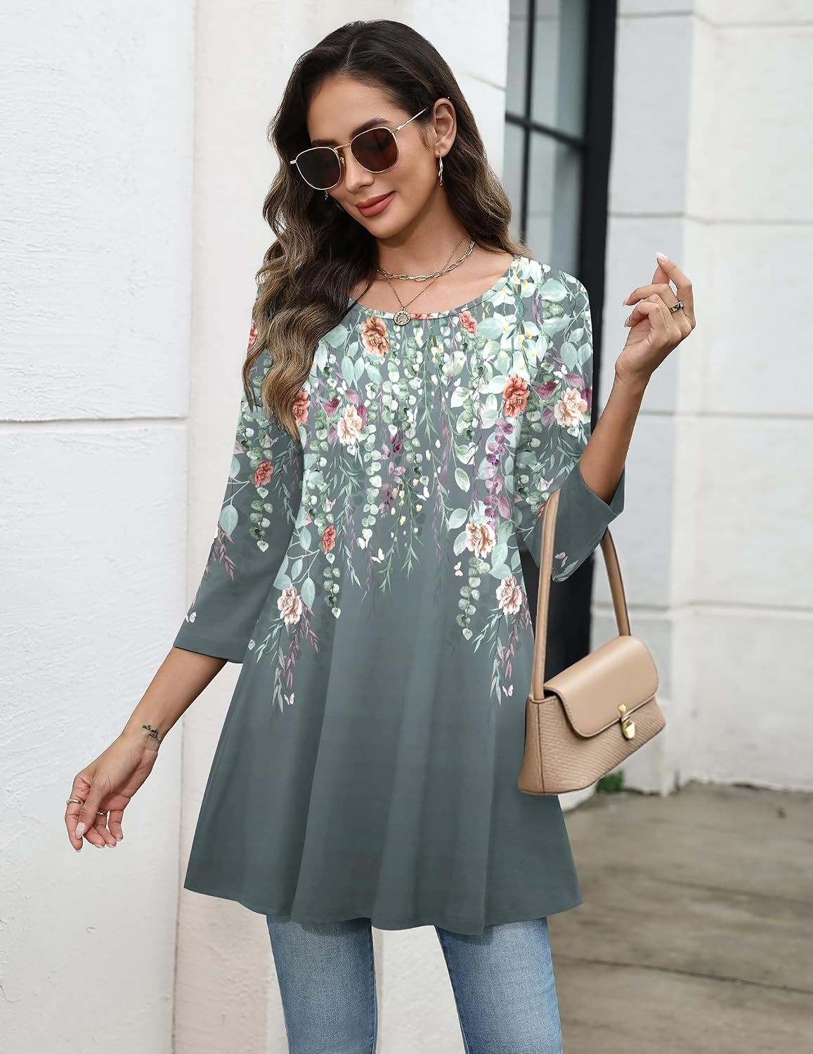 image:imageZeagoo Women Tops 34 Sleeve Dressy Casual Plus Size Tunics Loose BlousesGrey Flowerwf71