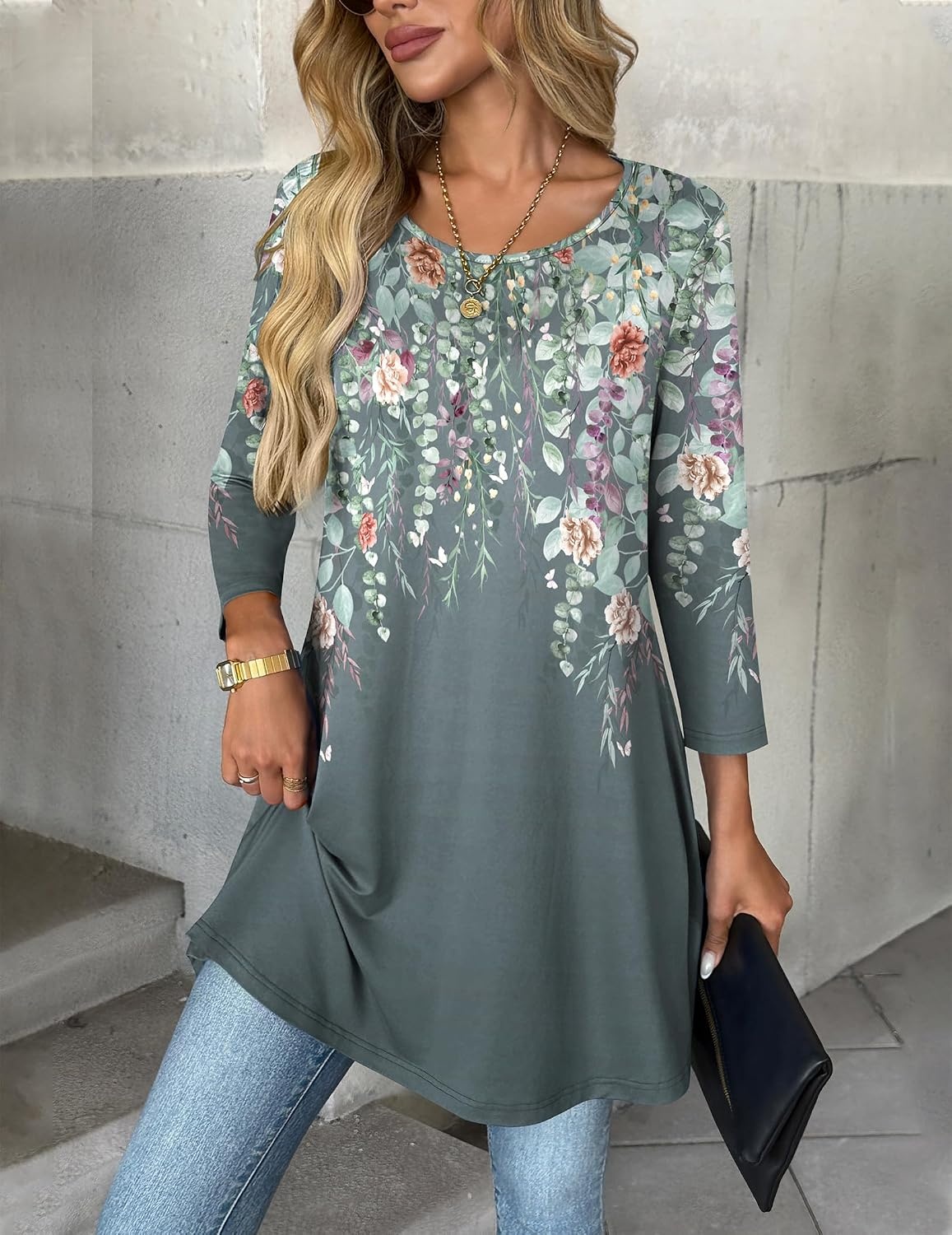 image:imageZeagoo Women Tops 34 Sleeve Dressy Casual Plus Size Tunics Loose BlousesGrey Flowerwf71