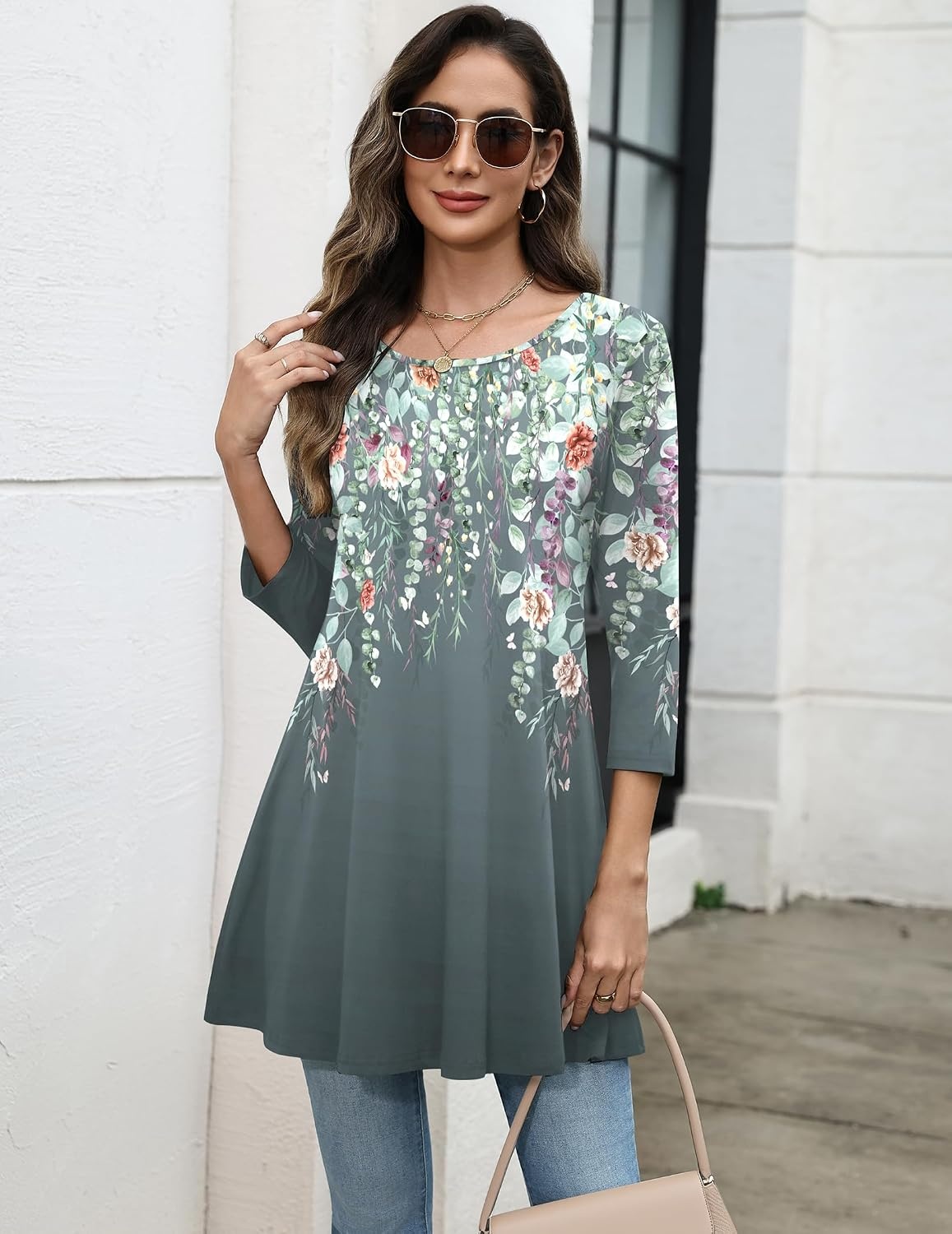 image:imageZeagoo Women Tops 34 Sleeve Dressy Casual Plus Size Tunics Loose BlousesGrey Flowerwf71