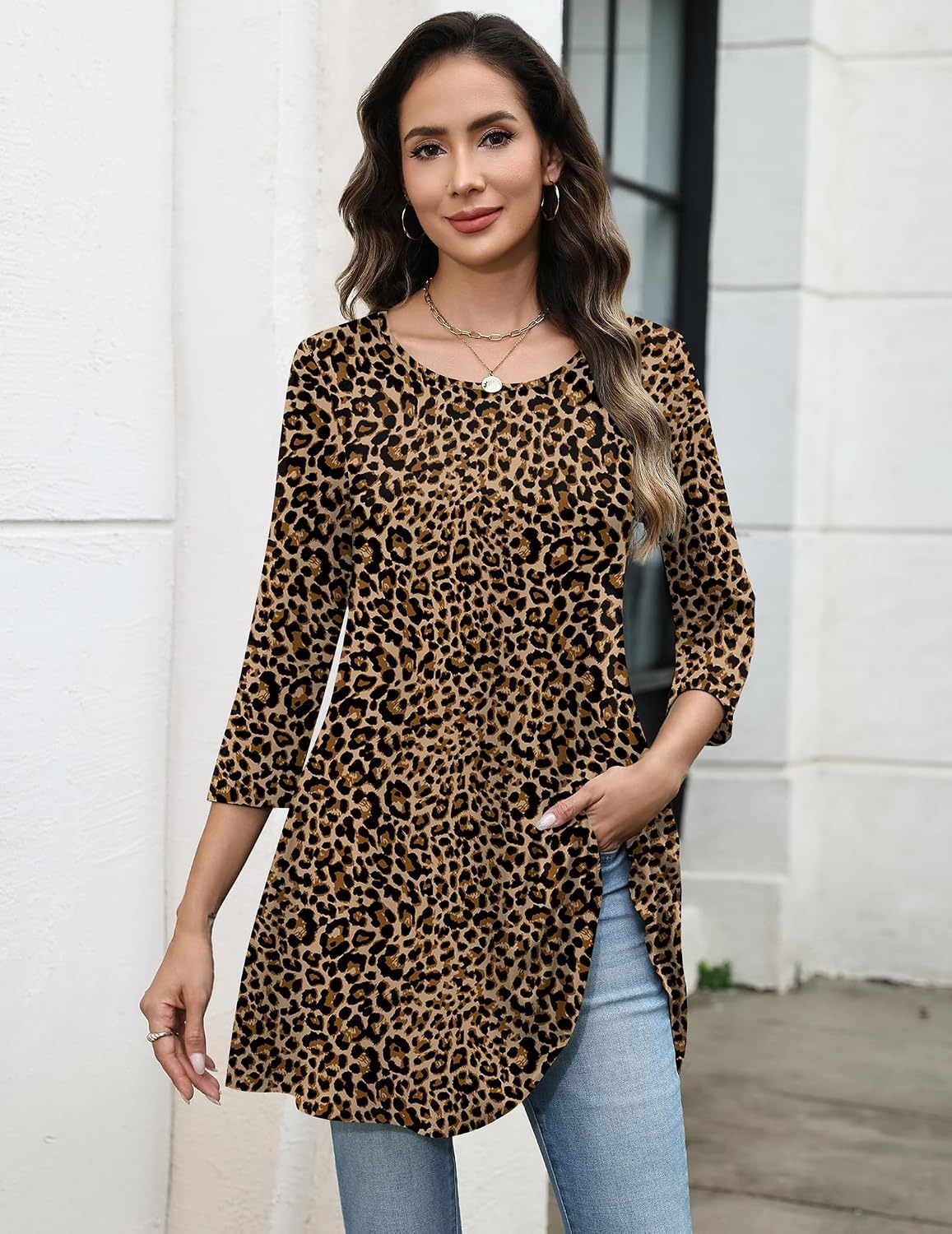 image:imageZeagoo Women Tops 34 Sleeve Dressy Casual Plus Size Tunics Loose BlousesLeopard Printan136