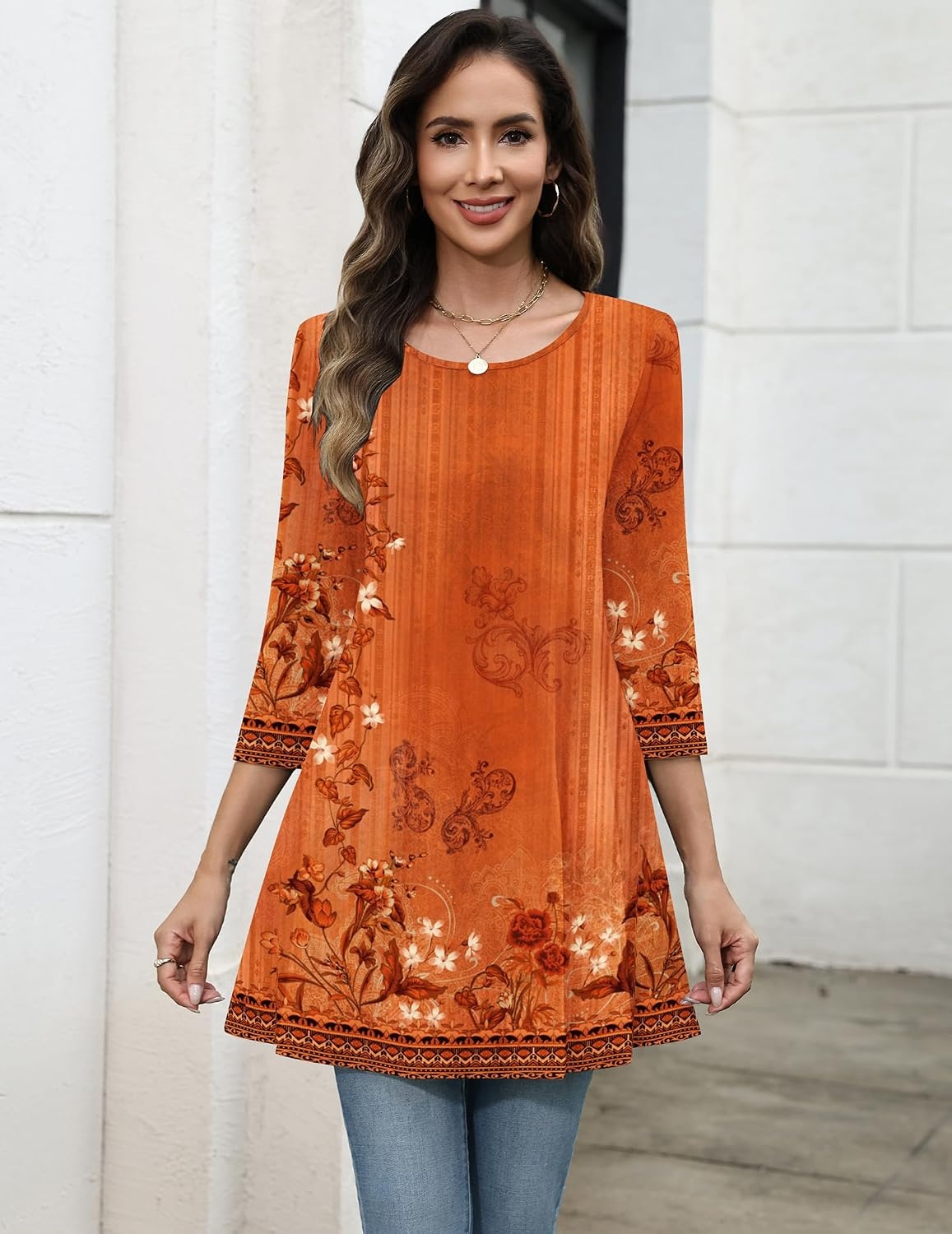 image:imageZeagoo Women Tops 34 Sleeve Dressy Casual Plus Size Tunics Loose BlousesOrange Flowermz867