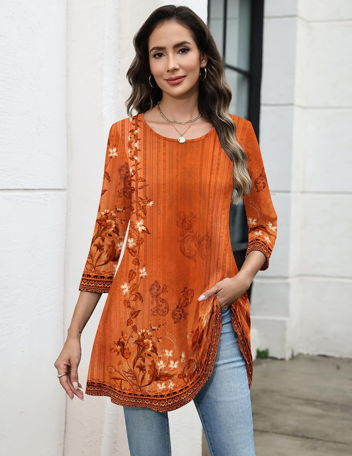 image:imageZeagoo Women Tops 34 Sleeve Dressy Casual Plus Size Tunics Loose BlousesOrange Flowermz867