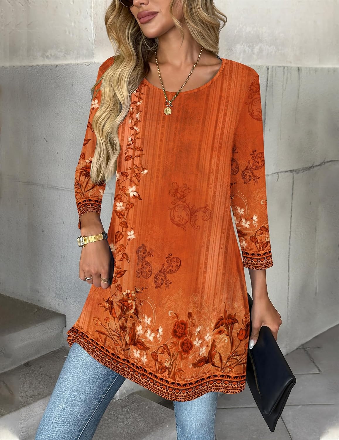 image:imageZeagoo Women Tops 34 Sleeve Dressy Casual Plus Size Tunics Loose BlousesOrange Flowermz867