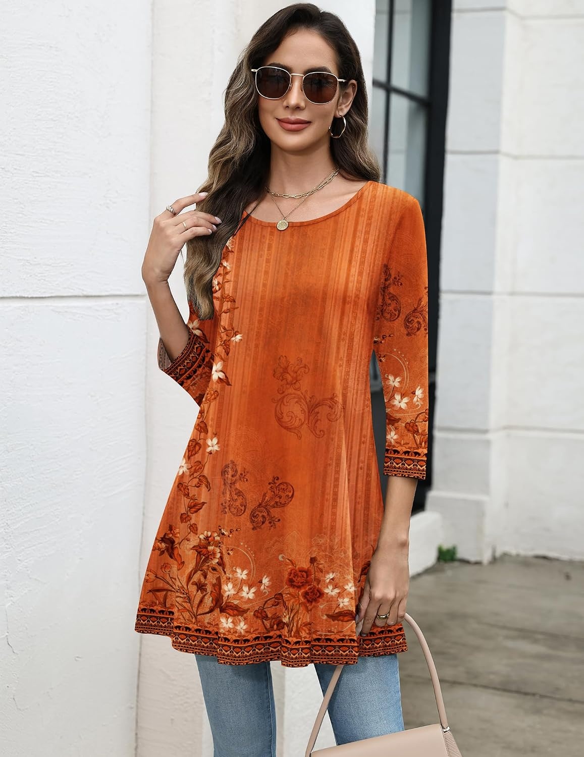 image:imageZeagoo Women Tops 34 Sleeve Dressy Casual Plus Size Tunics Loose BlousesOrange Flowermz867