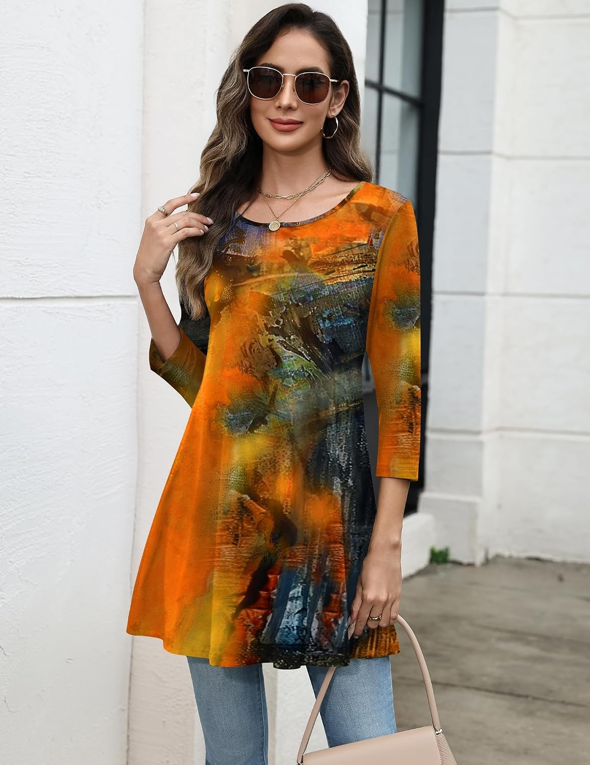 image:imageZeagoo Women Tops 34 Sleeve Dressy Casual Plus Size Tunics Loose BlousesOrange Printcx272
