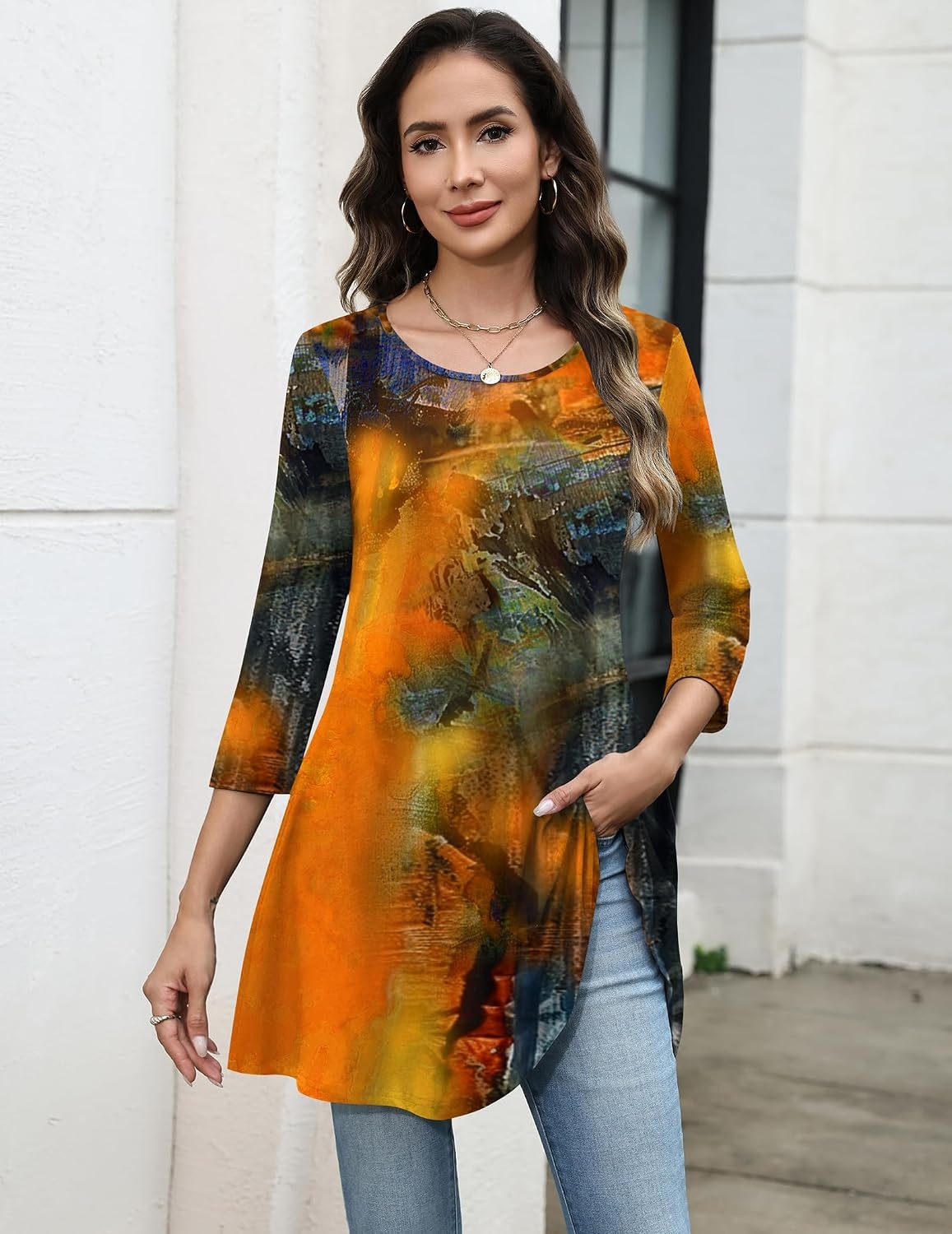 image:imageZeagoo Women Tops 34 Sleeve Dressy Casual Plus Size Tunics Loose BlousesOrange Printcx272
