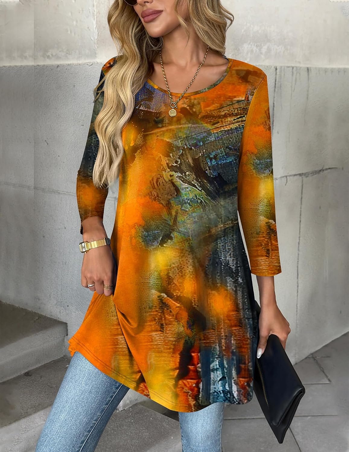 image:imageZeagoo Women Tops 34 Sleeve Dressy Casual Plus Size Tunics Loose BlousesOrange Printcx272