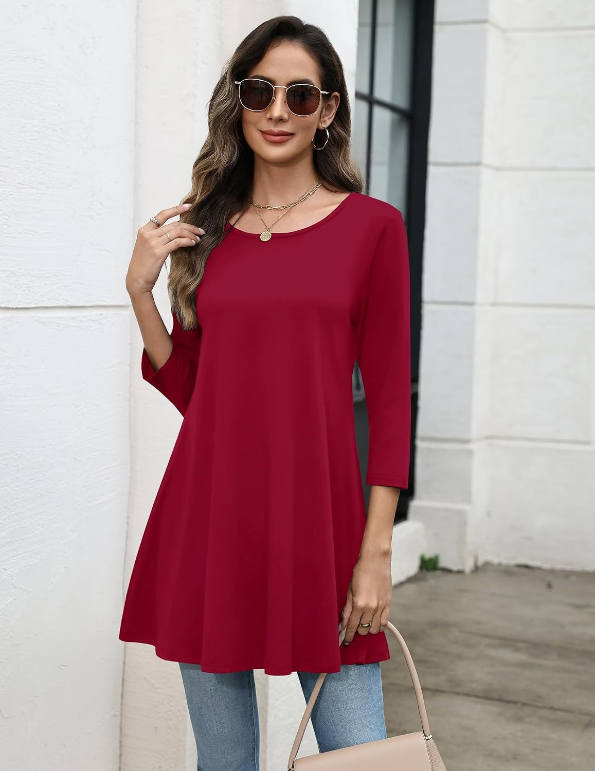 image:imageZeagoo Women Tops 34 Sleeve Dressy Casual Plus Size Tunics Loose BlousesRed