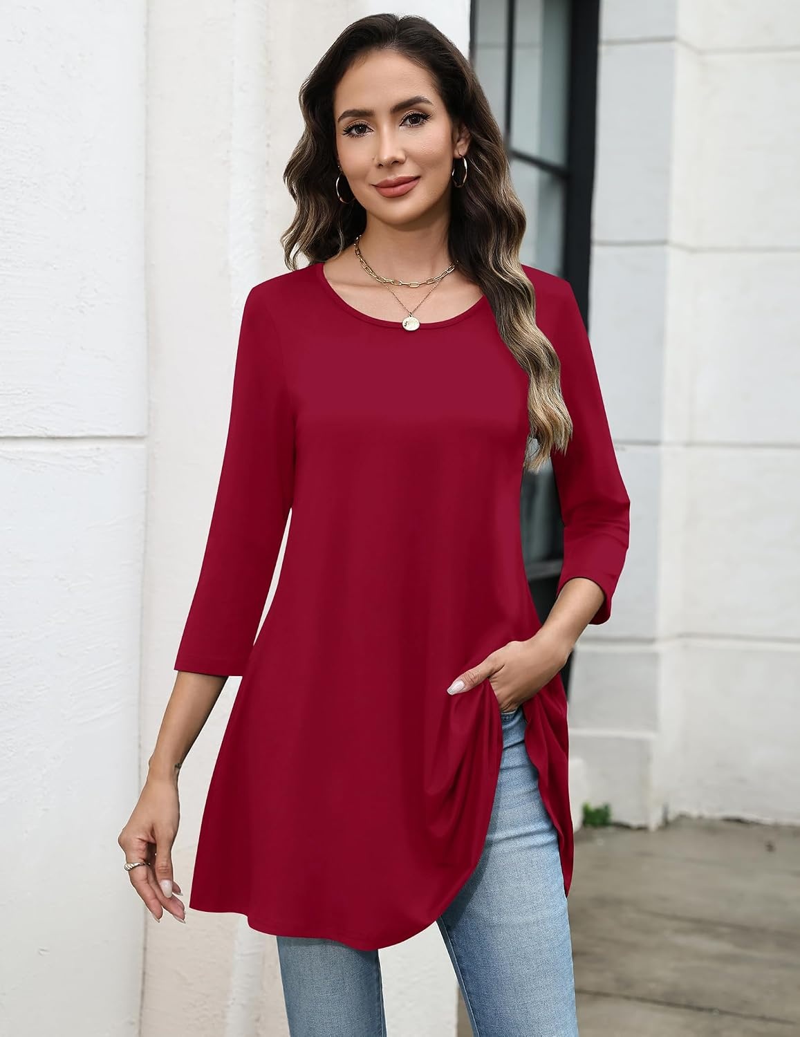 image:imageZeagoo Women Tops 34 Sleeve Dressy Casual Plus Size Tunics Loose BlousesRed