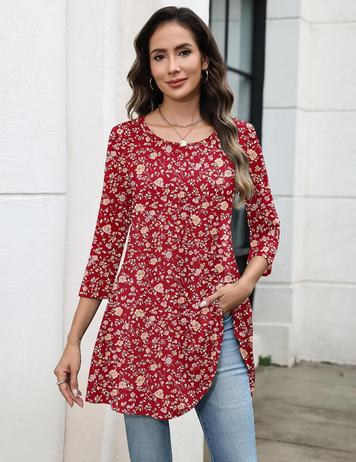 image:imageZeagoo Women Tops 34 Sleeve Dressy Casual Plus Size Tunics Loose BlousesRed Flowersxh546