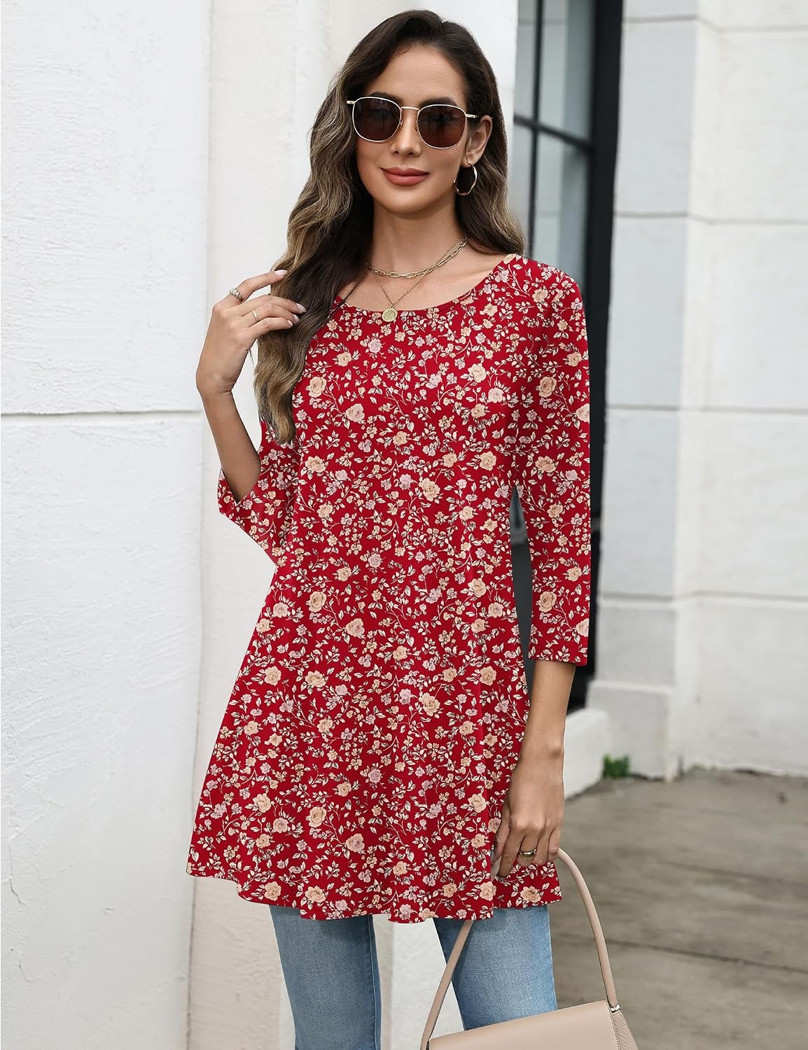 image:imageZeagoo Women Tops 34 Sleeve Dressy Casual Plus Size Tunics Loose BlousesRed Flowersxh546