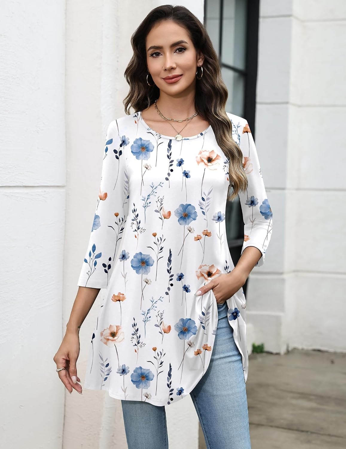 image:imageZeagoo Women Tops 34 Sleeve Dressy Casual Plus Size Tunics Loose BlousesWhite Flowersbf290