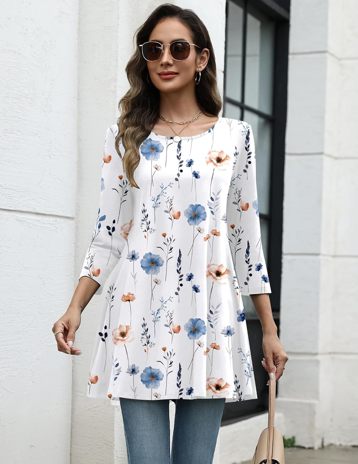 image:imageZeagoo Women Tops 34 Sleeve Dressy Casual Plus Size Tunics Loose BlousesWhite Flowersbf290