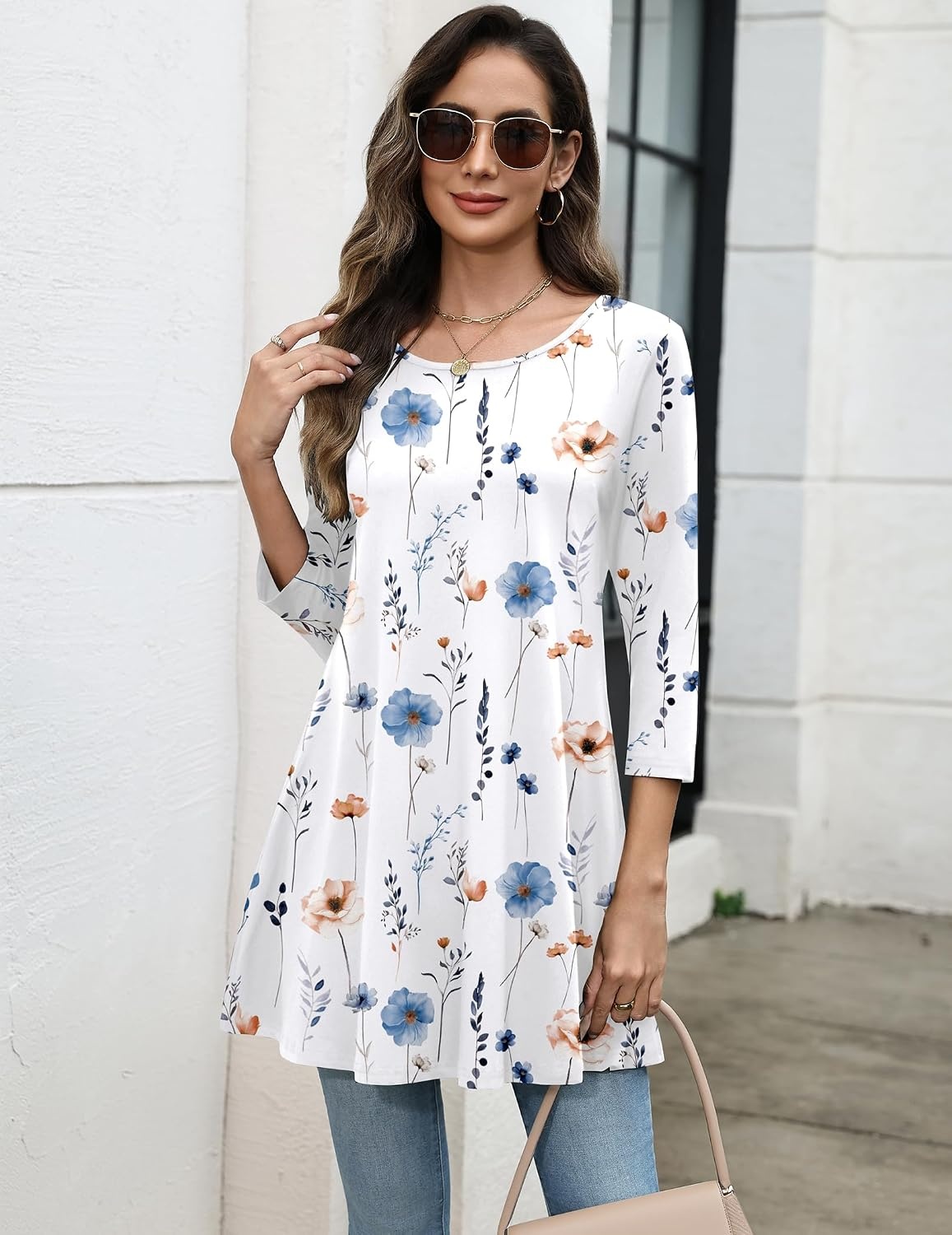 image:imageZeagoo Women Tops 34 Sleeve Dressy Casual Plus Size Tunics Loose BlousesWhite Flowersbf290