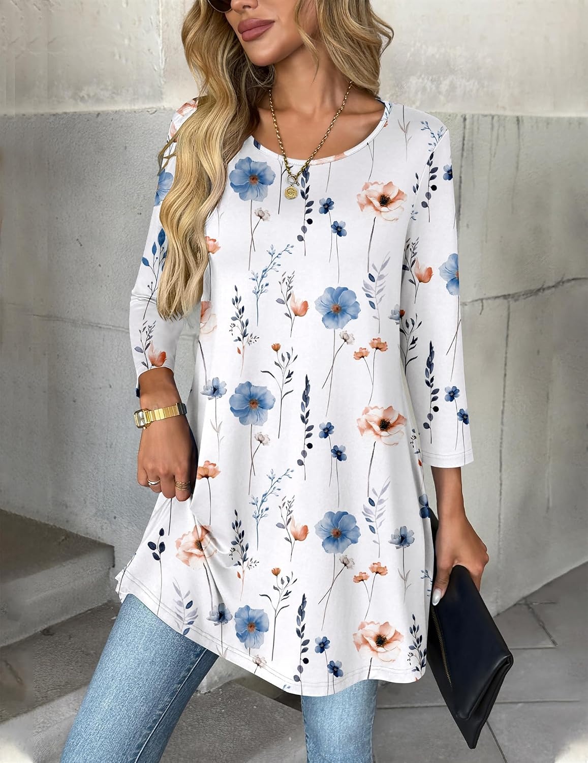 image:imageZeagoo Women Tops 34 Sleeve Dressy Casual Plus Size Tunics Loose BlousesWhite Flowersbf290