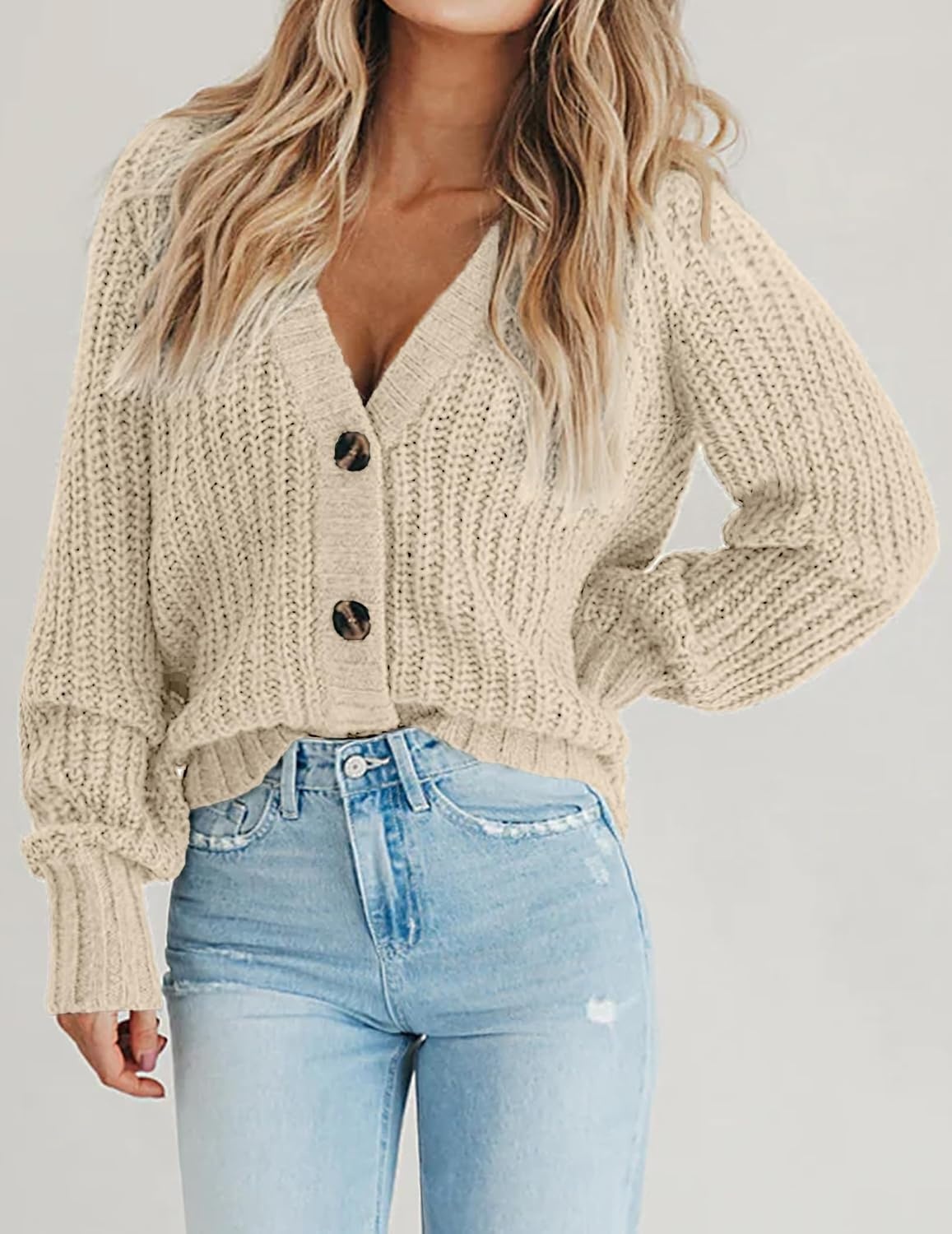 image:imageZeagoo Womens 2026 Fall Chunky Knit Cardigans Long Sleeve SweatersApricot