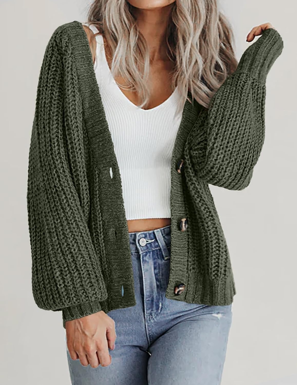image:imageZeagoo Womens 2026 Fall Chunky Knit Cardigans Long Sleeve SweatersArmy Green