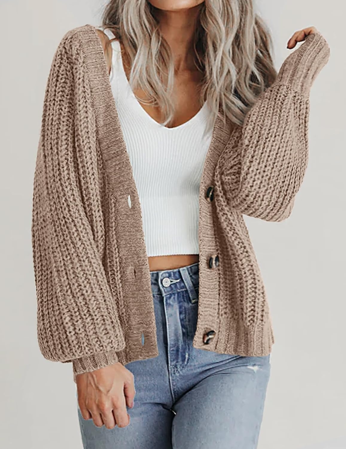 image:imageZeagoo Womens 2026 Fall Chunky Knit Cardigans Long Sleeve SweatersBkhaki