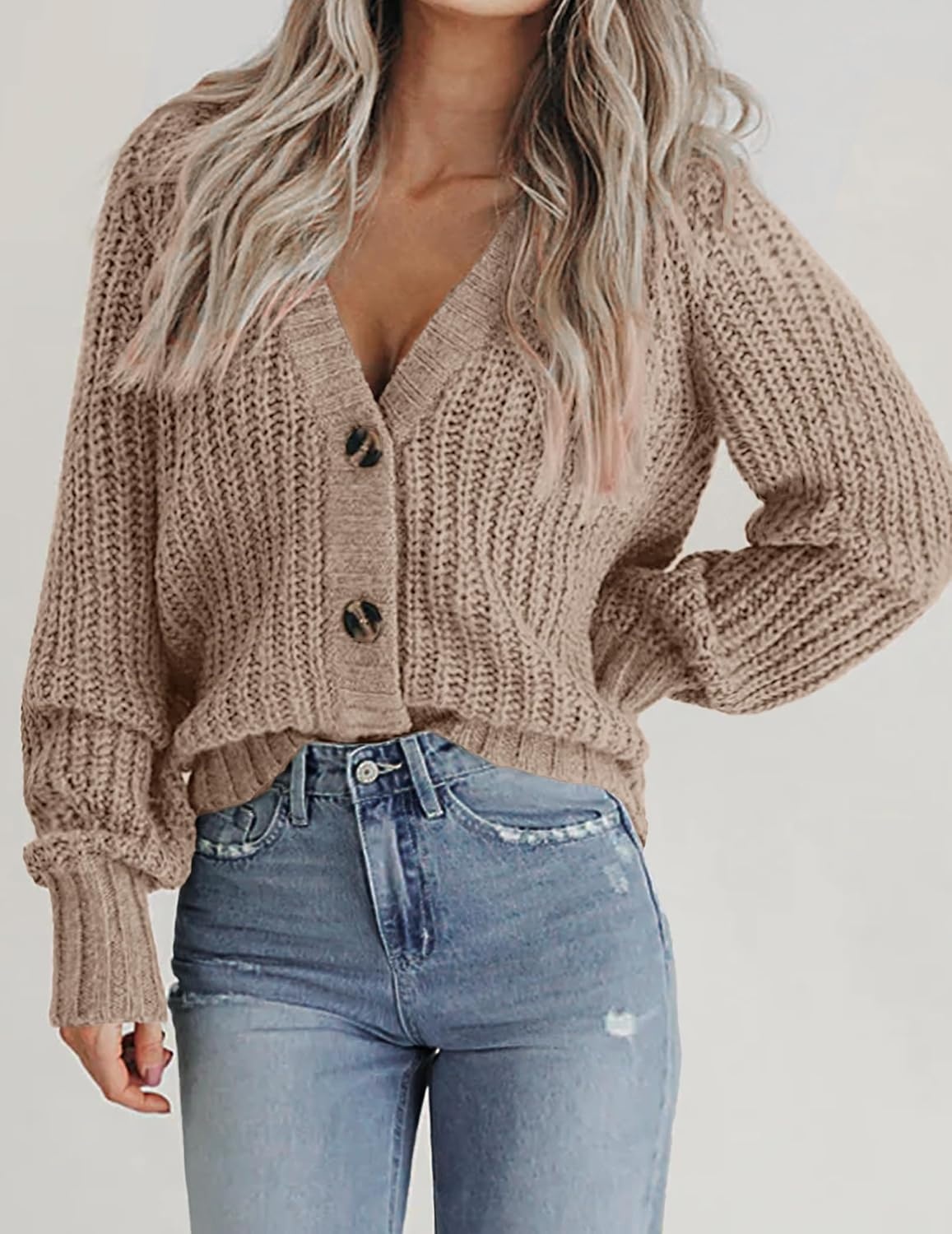 image:imageZeagoo Womens 2026 Fall Chunky Knit Cardigans Long Sleeve SweatersBkhaki
