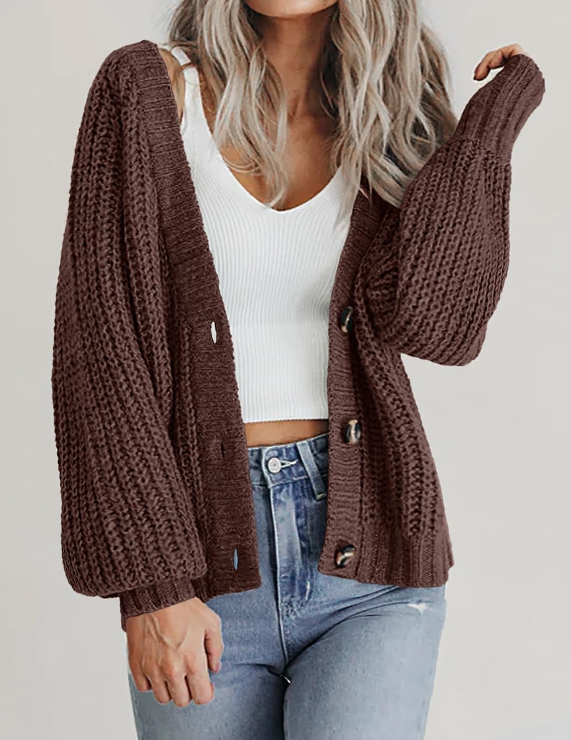 image:imageZeagoo Womens 2026 Fall Chunky Knit Cardigans Long Sleeve SweatersBrown