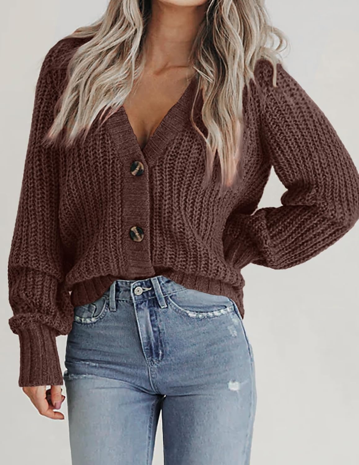 image:imageZeagoo Womens 2026 Fall Chunky Knit Cardigans Long Sleeve SweatersBrown