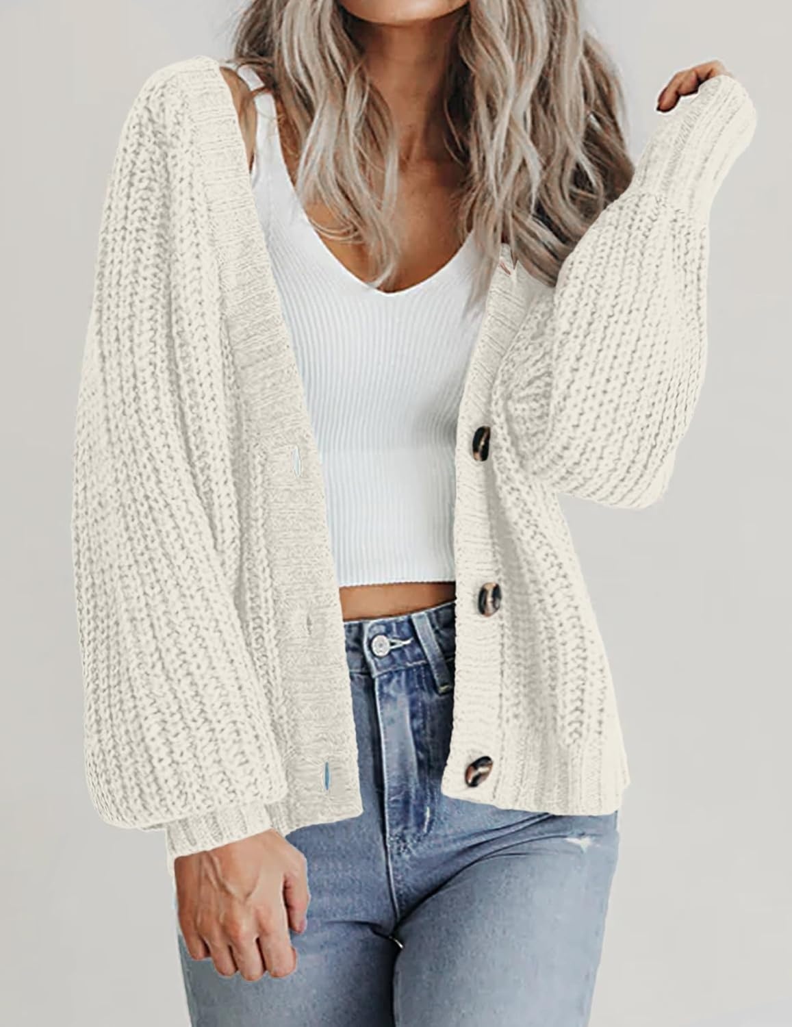 image:imageZeagoo Womens 2026 Fall Chunky Knit Cardigans Long Sleeve SweatersBwhite