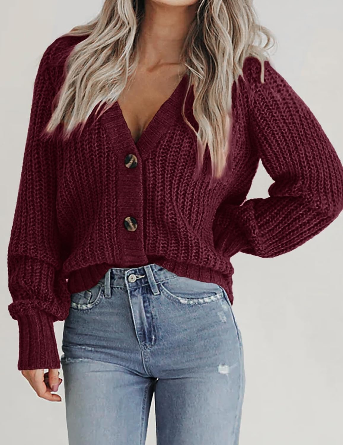 image:imageZeagoo Womens 2026 Fall Chunky Knit Cardigans Long Sleeve SweatersCwine Red