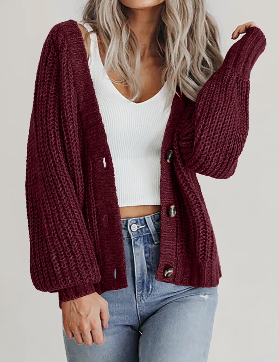 image:imageZeagoo Womens 2026 Fall Chunky Knit Cardigans Long Sleeve SweatersCwine Red